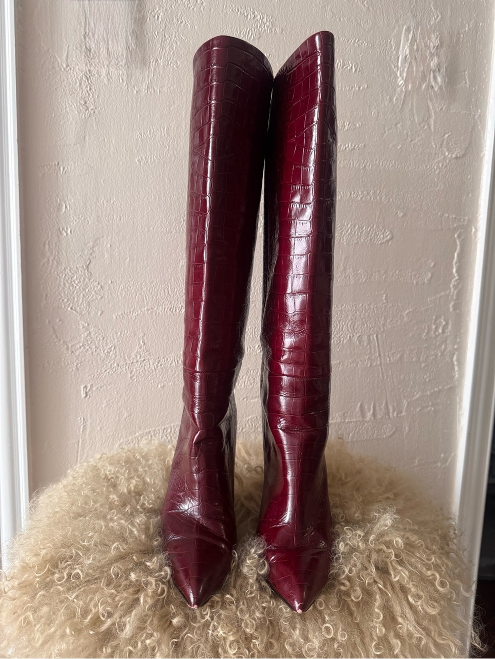 Paris Texas Burgundy Croc Embossed Leather Knee-High Boots
